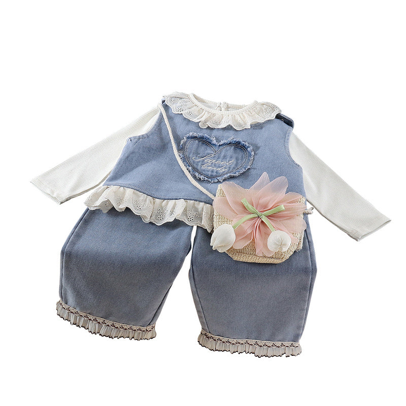 Girls' Outfit 2026 New Fashionable Clothes for Babies, Spring and Autumn Love Letter Denim Three-Piece Set