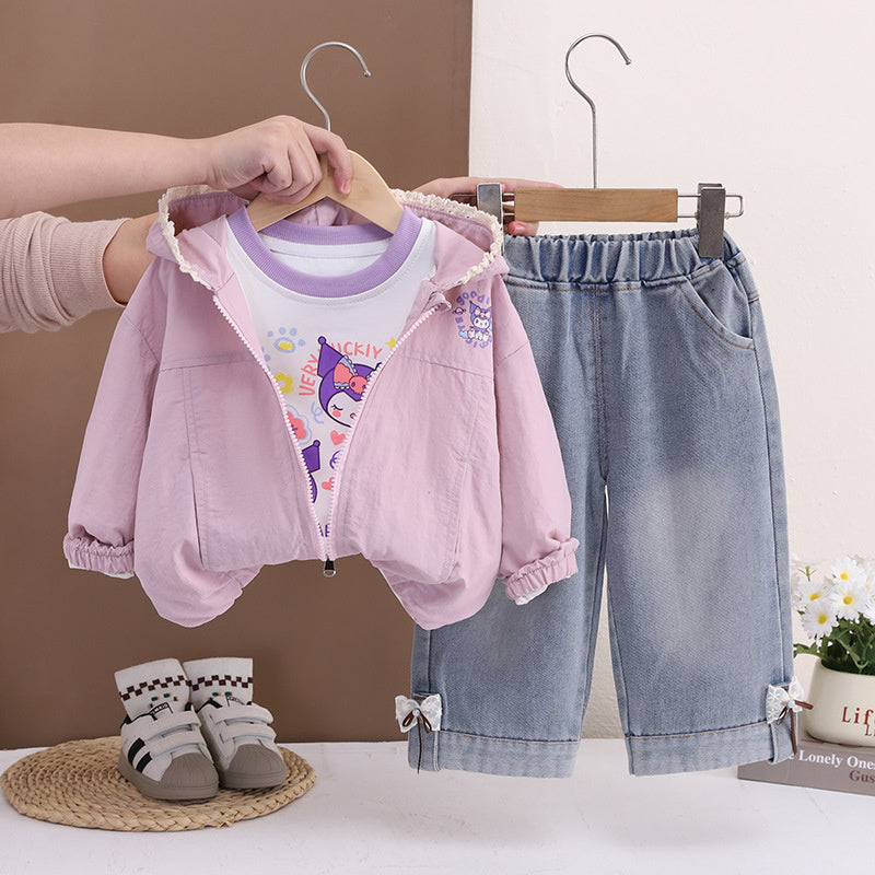 Baby outfit set, stylish children's clothing, toddler girl spring and autumn hooded cartoon jacket three-piece set
