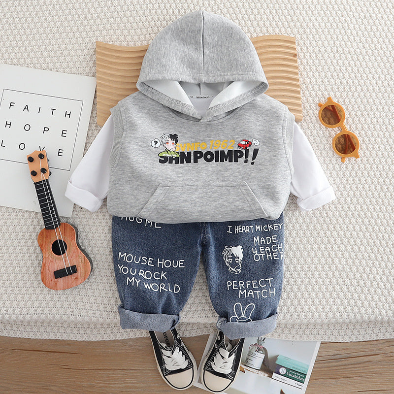 Boys' Outfit 2025 New Children's Hooded Vest Three-Piece Set for 1 to 4 Year Old Baby Boys Spring and Autumn