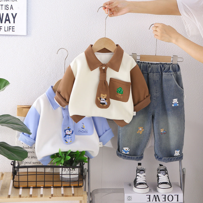 Boys' Autumn Outfit: Two-piece with Collared Tie Sweatshirt, 2026 New Fashionable Casual POLO Shirt Clothing Set for Children