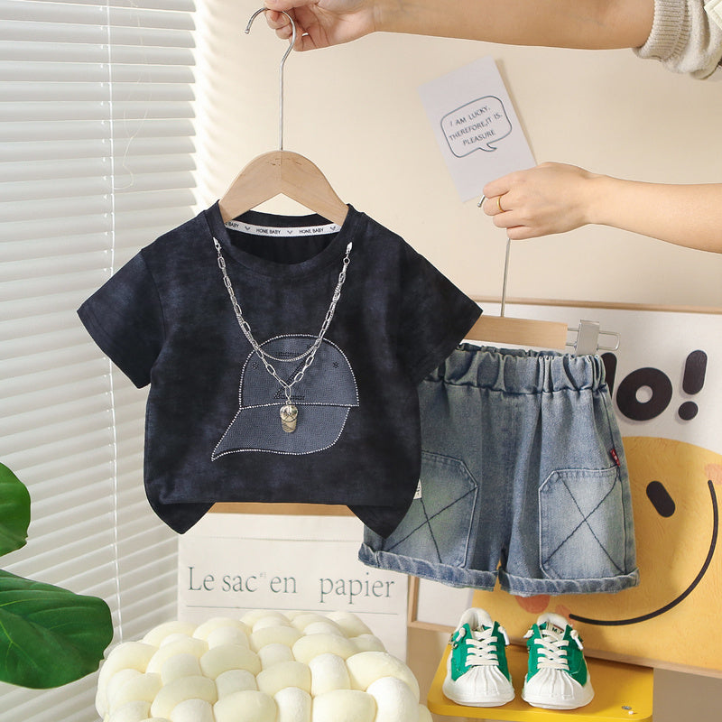 Boys' Outfit 2026 New Style Hat Short Sleeve Stylish Toddler Summer Clothes Round Neck Two-Piece Set Baby Trendy