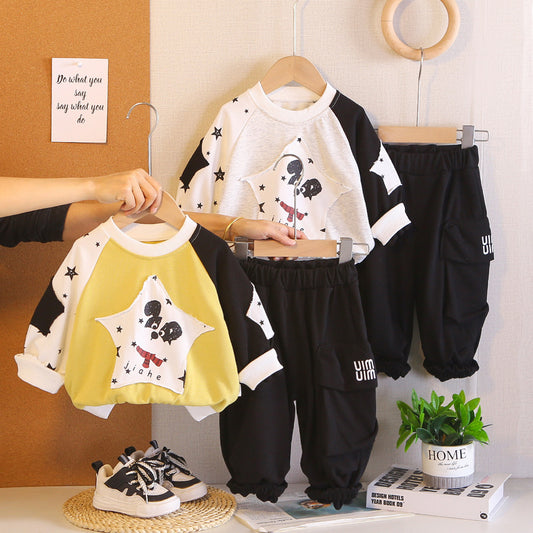 Boys' Spring Autumn Outfit 2026 New Style Puppy Color-Block Sweatshirt and Pants Stylish Casual Two-Piece Set Trendy Children's Clothing
