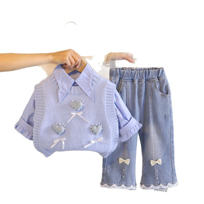 Girls' Outfit 2026 New Children's Spring and Autumn Long-Sleeve Heart Pattern Sweater Three-Piece Set for Young Children