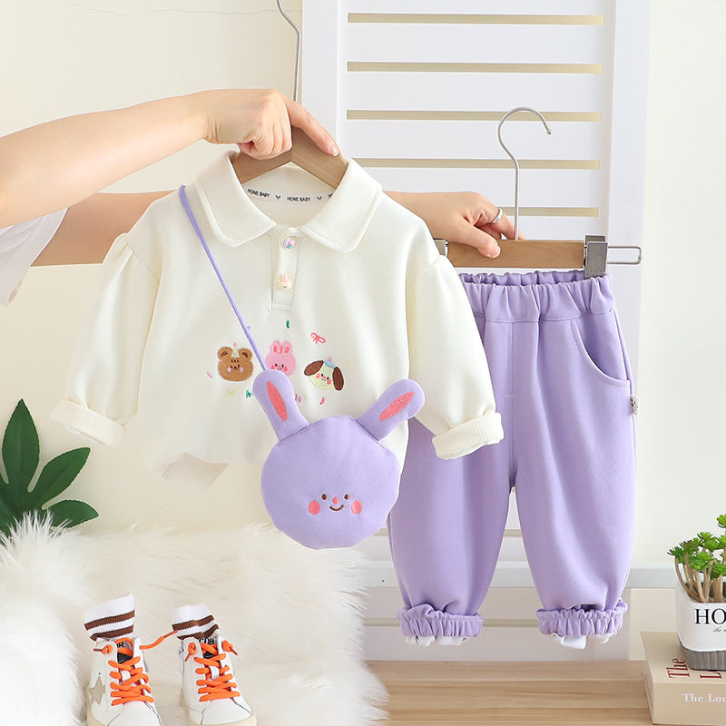 Girls' Outfit Turn-Down Collar Sweatshirt 2025 New Toddler Baby Spring Autumn Bunny Polo Crossbody Bag Two-Piece Set
