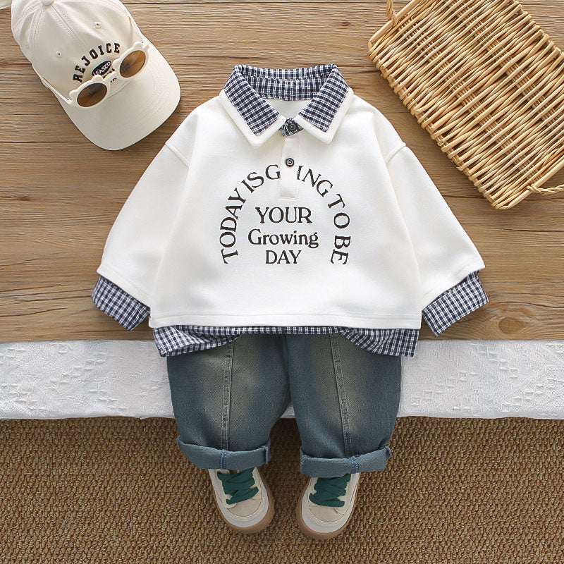 Baby Boy Spring Outfit, Boys' Plaid English Collar Two-Piece Set, Infant and Toddler Clothing, 2026 New Model