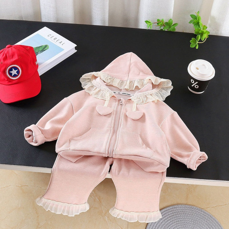 Girls' Outfit 2026 New Style Baby Spring and Autumn Lace Hoodie Two-Piece Set Stylish Children's Clothing for Little Kids