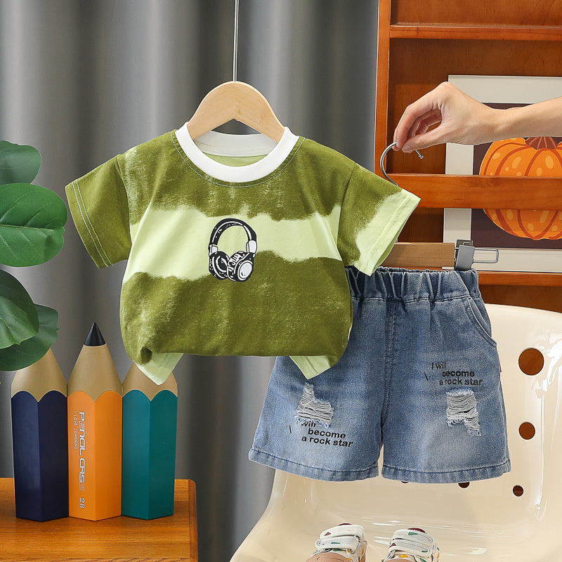 Boys' wide-striped casual short-sleeve thin T-shirt and children's summer shorts set, 26 new Korean-style baby two-piece outfit