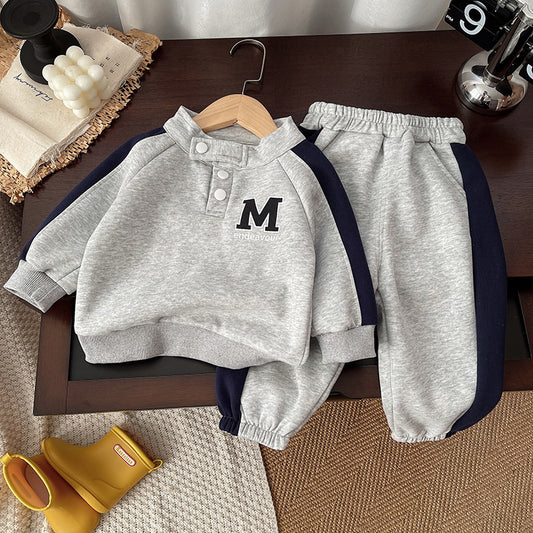2025 Spring New Color Block Letter Sweatshirt Baby Boys Sports Pants Two-Piece Set One Piece Dropshipping