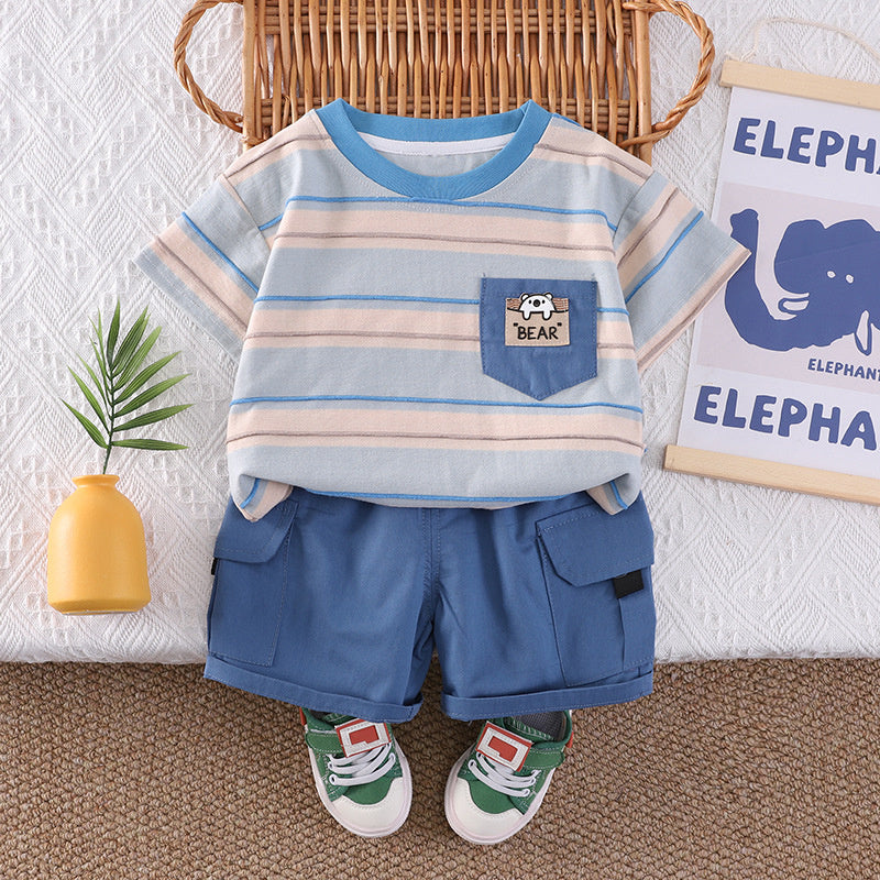 Children's clothing boys' outfit 2026 new style children's summer pocket striped short-sleeve two-piece set baby clothes