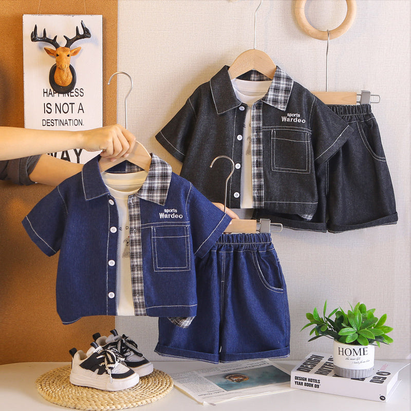 Patchwork Plaid Denim Short Sleeve New Children's Summer Outfit Boys' Clothes Baby Three-Piece Set
