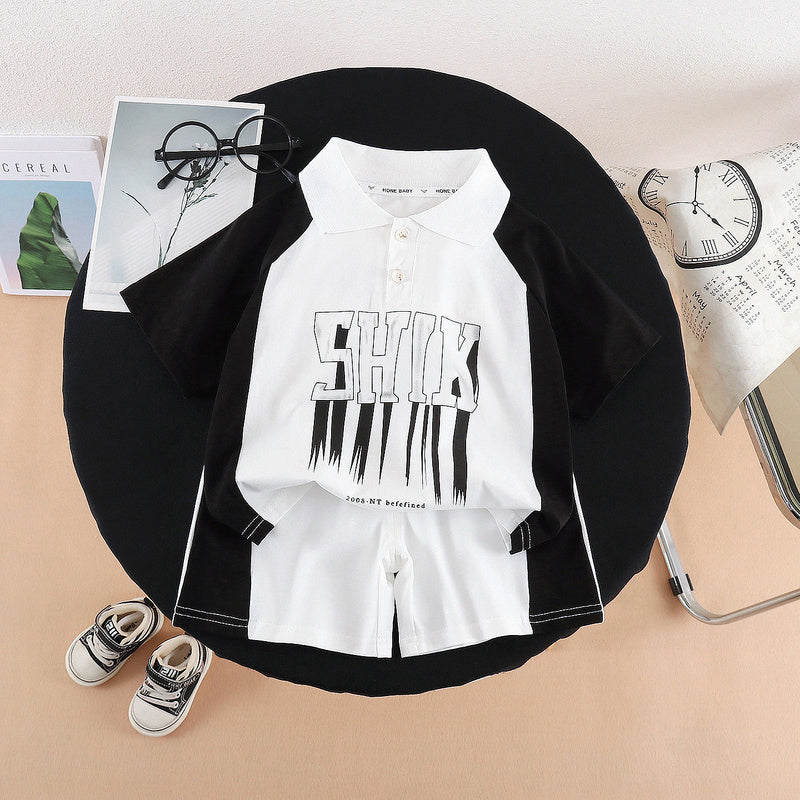 Children's Summer Outfit 2026 New Model for Young Boys, Collared Color-Block Letter Print Short Sleeve Shirt and Shorts Two-Piece Set, Trendy