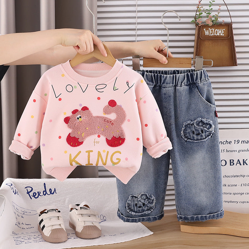 Girls' Outfit Set, Stylish 2026 New Model, Baby Girl Spring and Autumn Colorful Dot Embroidered Sweatshirt Two-Piece Set