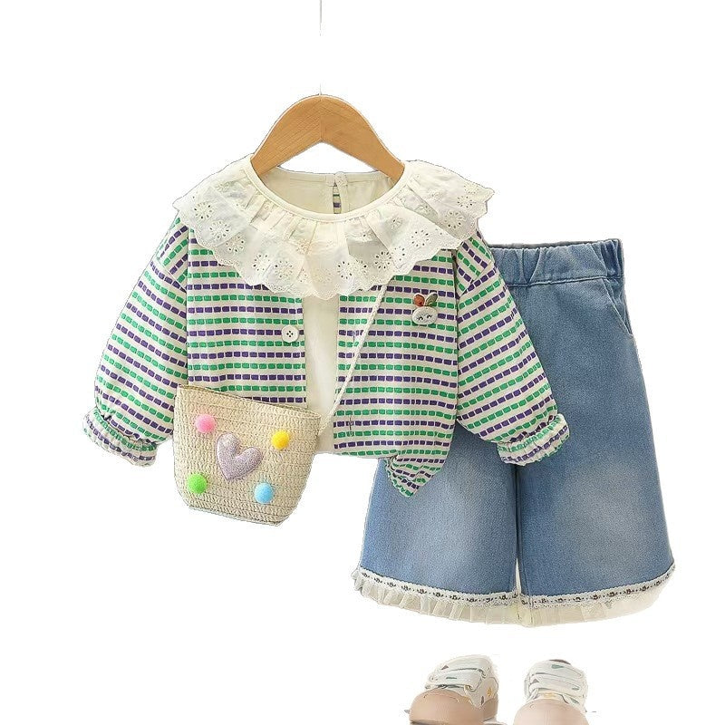 Girls' Korean-style outfit 2026 new fashionable spring and autumn three-piece set for baby girls with thin striped rabbit design