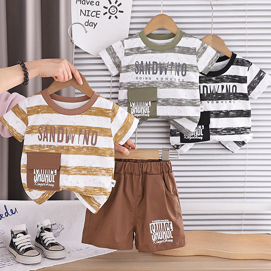 Boys' Striped Casual Short-Sleeve 2026 New Summer Outfit Baby Korean Style Children's Thin Two-Piece Trendy Set