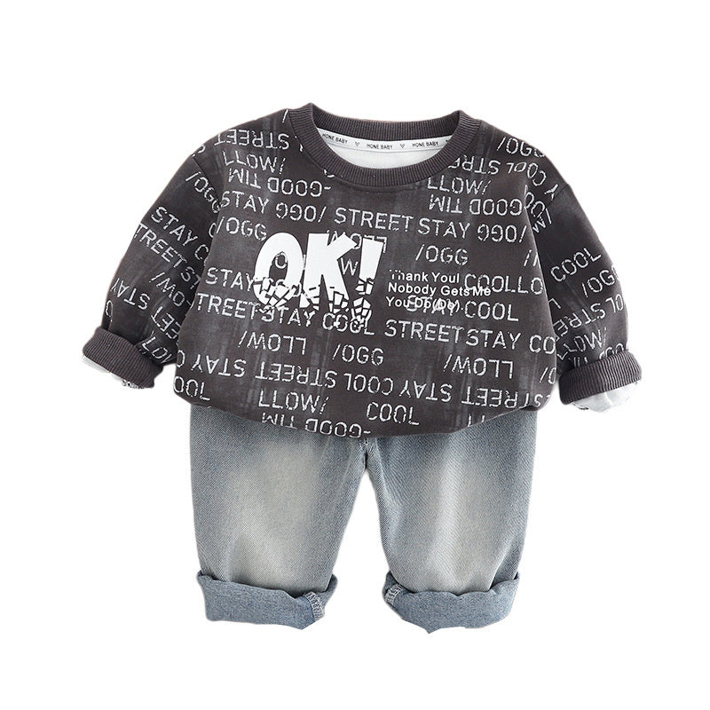 Boys' Outfit 2025 New Stylish Children's Baby Casual Spring and Autumn Letter Round Neck Sports Two-Piece Set