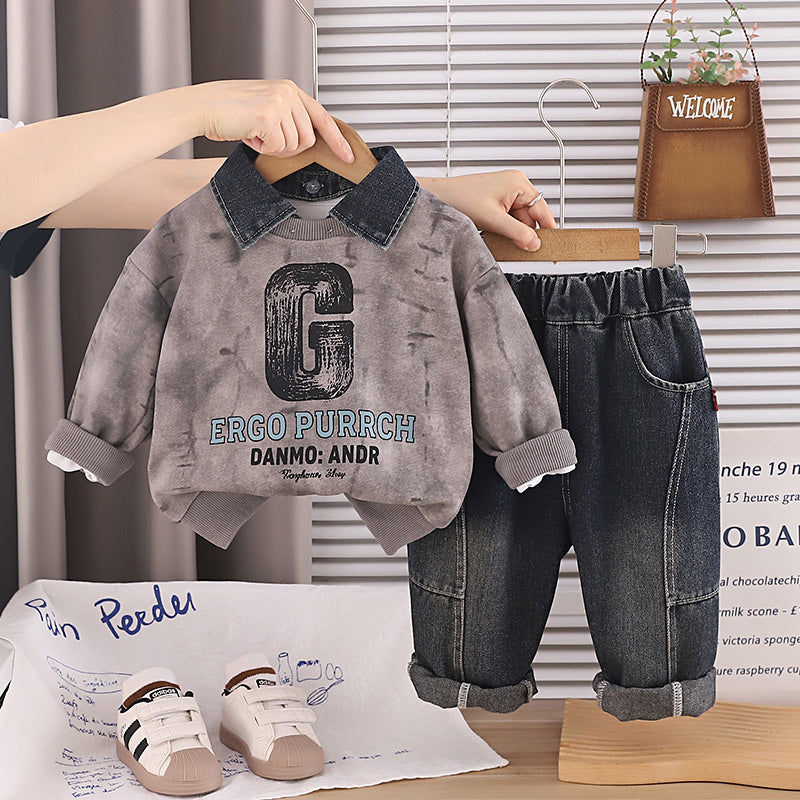 Baby boy's collared sweatshirt spring and autumn set, 0-1 year old infant clothing, 2-piece long-sleeve set for toddlers, stylish