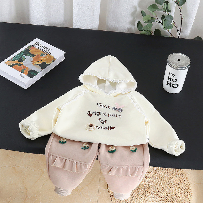 Girls' Outfit 2026 New Style Children's Spring and Autumn Fashionable Lace Hoodie Sweatshirt Two-Piece Set Baby Casual Wear