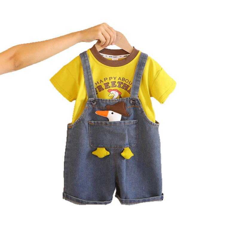 Boys' Summer Outfit 2026 New Fashionable Baby Duck Denim Overalls Short Sleeve Two-Piece Set for Toddlers