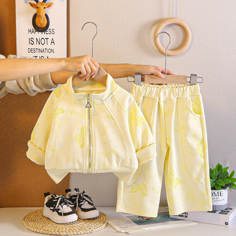 Girls' Spring Outfit 2026 New Fashionable Children's Clothing, Kids' Rhinestone Butterfly Coat, Stylish Two-Piece Set for Baby Girls