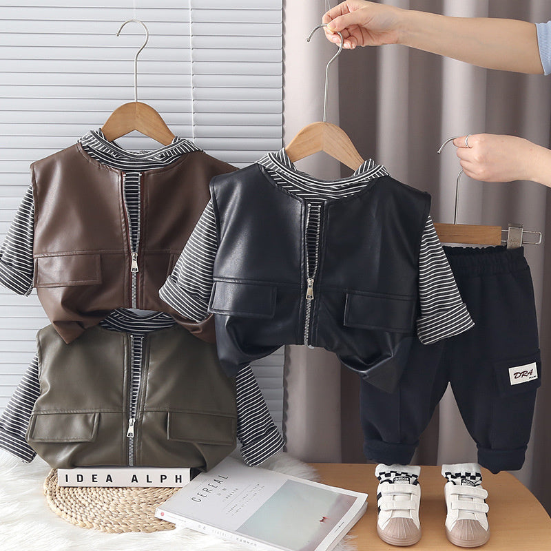Boys' Spring and Autumn Outfit 2026 New Fashionable Children's Leather Vest Versatile Casual Three-Piece Set Trendy Wholesale
