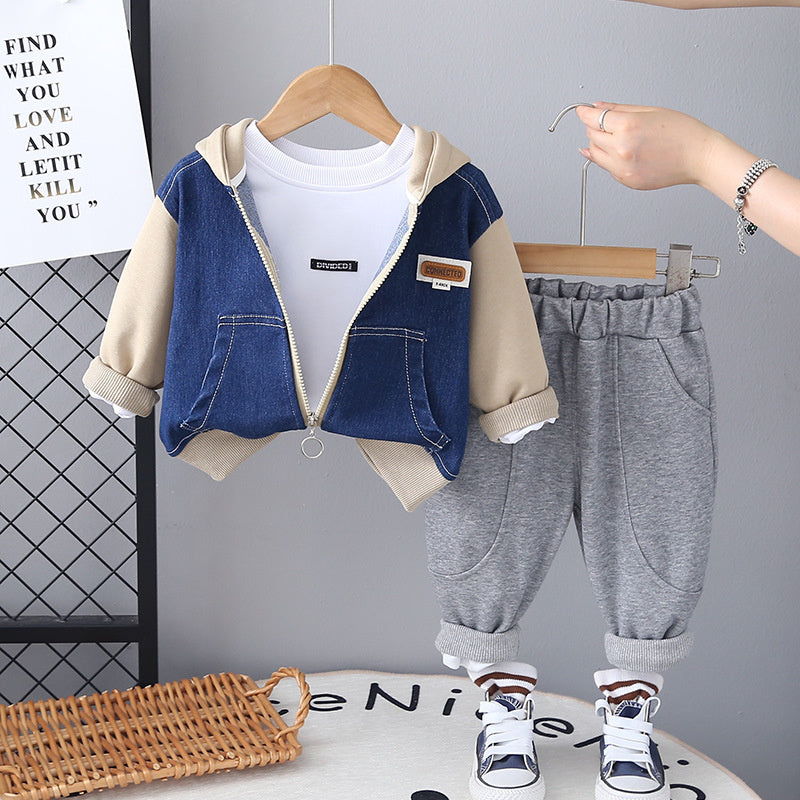 Boys' Outfit 2025 New Stylish Children's Spring and Autumn Baby Korean Style Patchwork Denim Hoodie Three-Piece Set