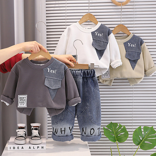 Boys' Spring and Outfit 2026 New Fashionable Letter Patchwork Sweatshirt Set Baby Autumn Toddler Clothes Children's Trendy Clothing