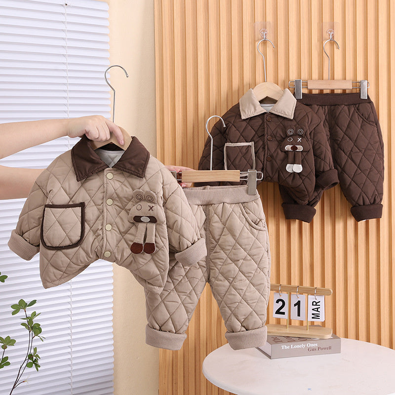 Boys' Autumn and Thickened Jacket with Fleece, Baby Cartoon Plaid Two-Piece Set, Trendy Children's Winter Outfit