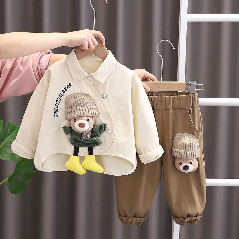 Baby Stylish Fashionable Outfit 2025 New Children's Plush Bear Shirt Two-Piece Set Boys Spring and Autumn Long Sleeve