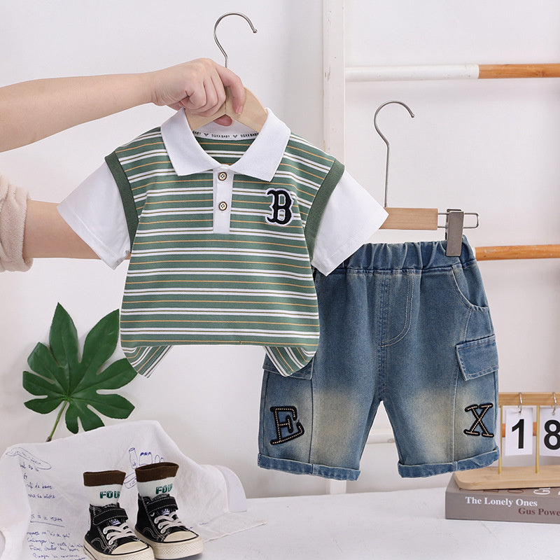 Children's Summer Outfit 2026 New Style Boys' Stylish Thin Striped Short-Sleeve Shirt Casual Two-Piece Set for Toddlers