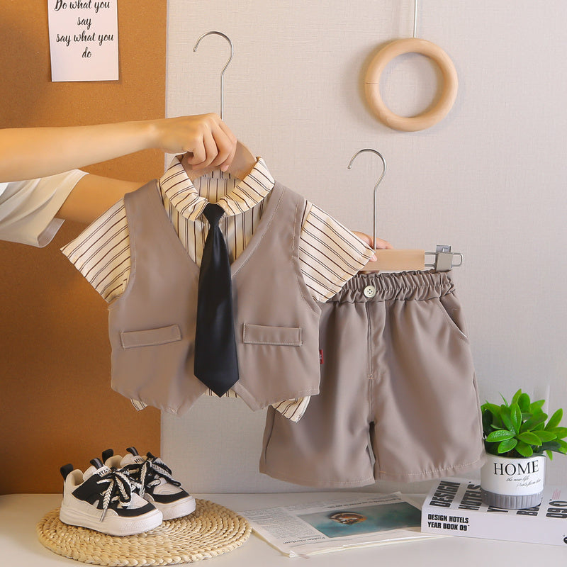 Boys' clothing, children's short-sleeve suit, new style baby boy summer vest suit three-piece set, stylish and trendy for ages 1-4