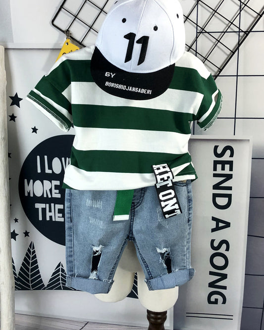 2020 New Summer Striped Short-Sleeve T-Shirt Set for Children, Distressed Personalized Denim Shorts Set, Two-Piece Trendy Outfit