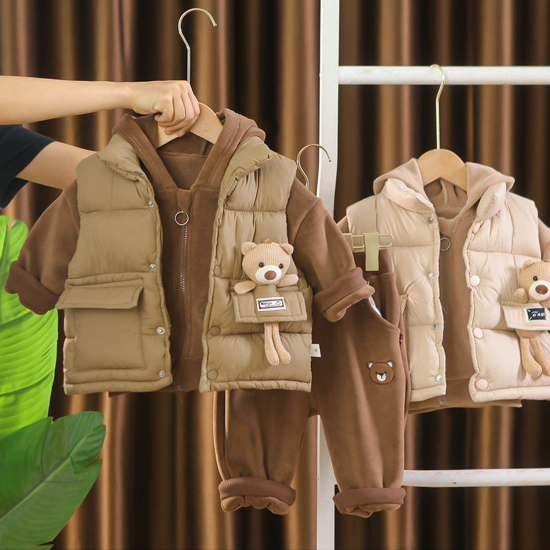 Baby Fleece-Lined Footed Bear Cotton Suit Thickened 2 Children's Clothes Boys' Autumn Clothing 1-Year-Old Infant Winter Outfit