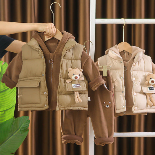 Baby Fleece-Lined Footed Bear Cotton Suit Thickened 2 Children's Clothes Boys' Autumn Clothing 1-Year-Old Infant Winter Outfit