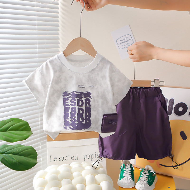 Boys' Summer Outfit 2026 New Trendy Baby Clothes Children's Letter Print Side Pocket Short Sleeve Shorts Two-Piece Set