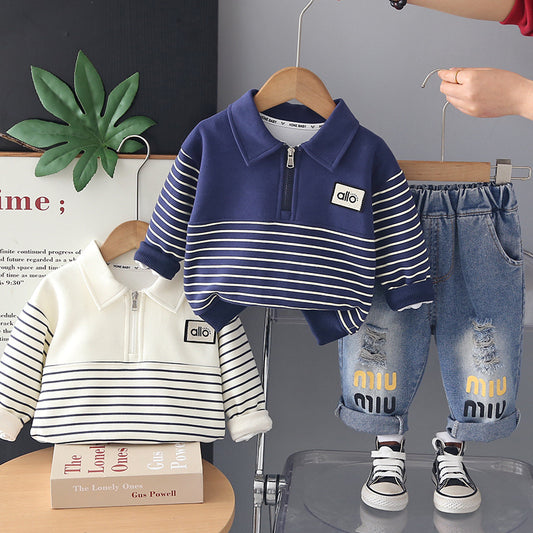 Boys' Spring 2026 New Stylish Set for 1-3 Year Olds, Baby Two-Piece Outfit with Half-Zip Long Sleeve Clothes