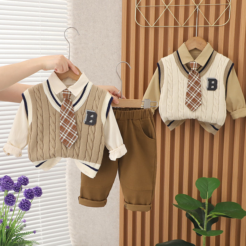 Boys' Autumn Outfit with Tie B-Line Sweater Three-Piece Set 2023 New Style for 1-2-4 Year Olds Casual Fashionable Children's Clothing