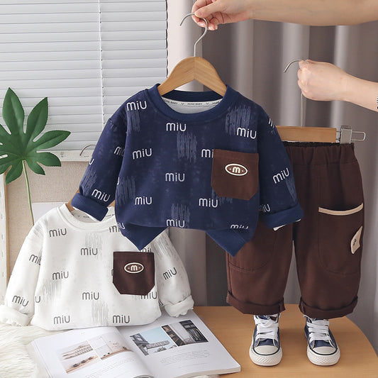 Boys' Spring and Outfit 2026 New Fashionable Casual Clothes for Children Baby Autumn Letter Sweatshirt Two-Piece Set Trendy