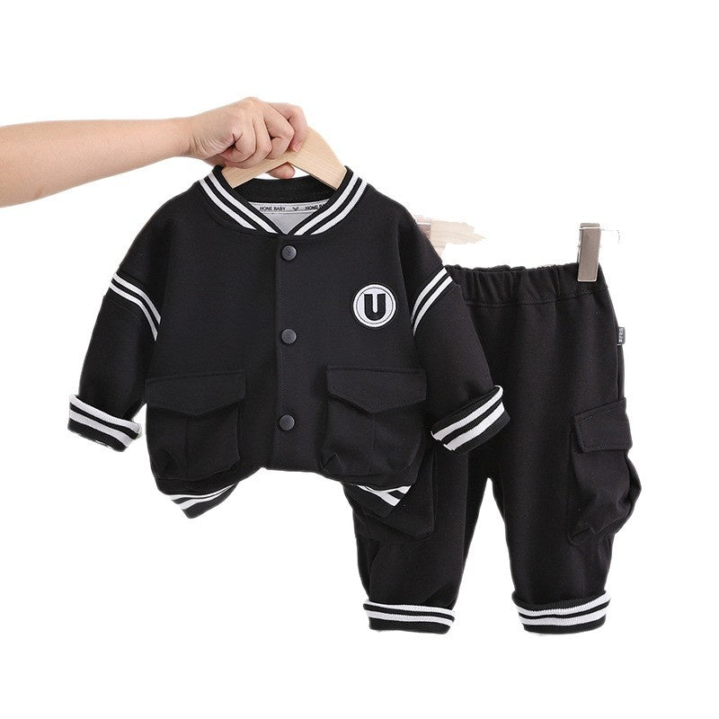 Boys' Spring and Set 2025 New Children's Stylish Letter Baseball Jacket Two-Piece Baby Autumn Casual