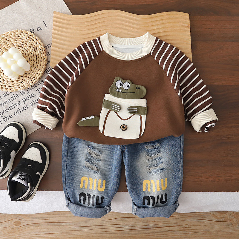 Boys' 3D Dinosaur Sweatshirt Set, Stylish and Autumn 2-Year-Olds, Cute Children's Clothing Boys, Spring Outfit for 1-Year-Old Baby