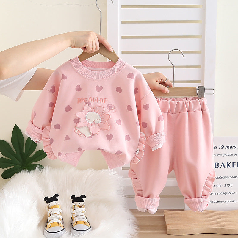 Girls' Outfit 2025 New Stylish Full Print Heart Round Neck Two-Piece Set Baby Spring Autumn Sweatshirt Children's Trendy