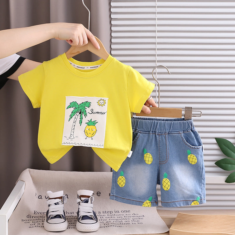 Boys' Outfit 2026 New Fashionable Toddler Baby Summer Pineapple Round Neck Short Sleeve Thin Cartoon Clothes