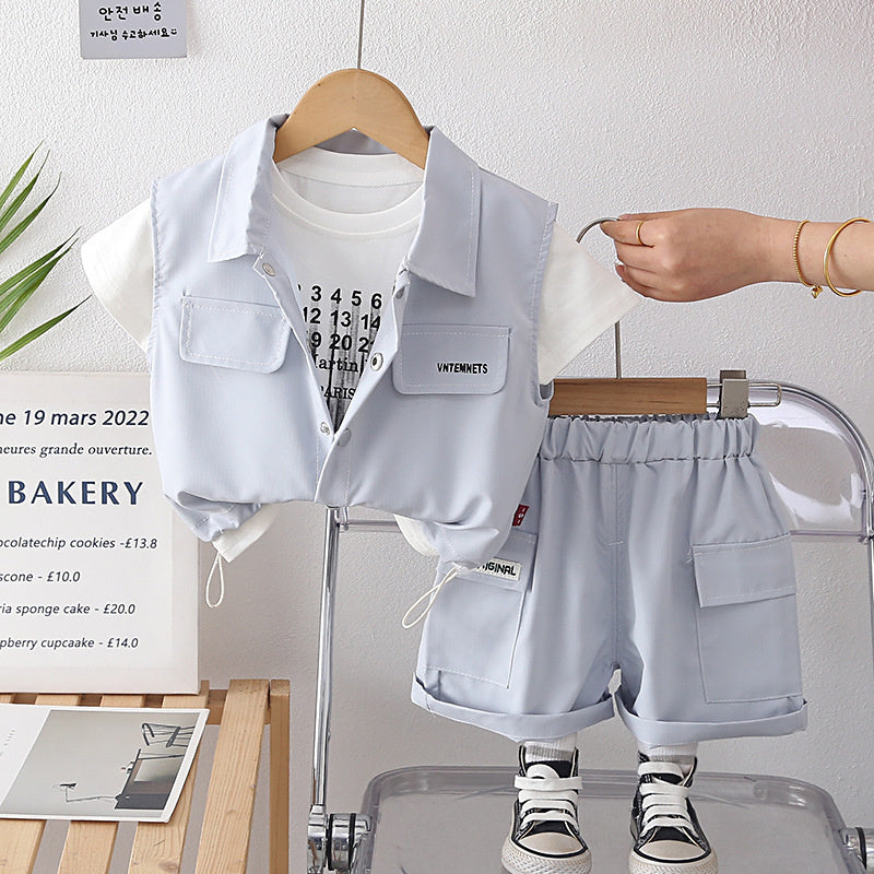 Children's Outfit for Boys 2026 New Cool and Stylish Baby Casual Letter Print Short Sleeve Three-Piece Summer Clothes