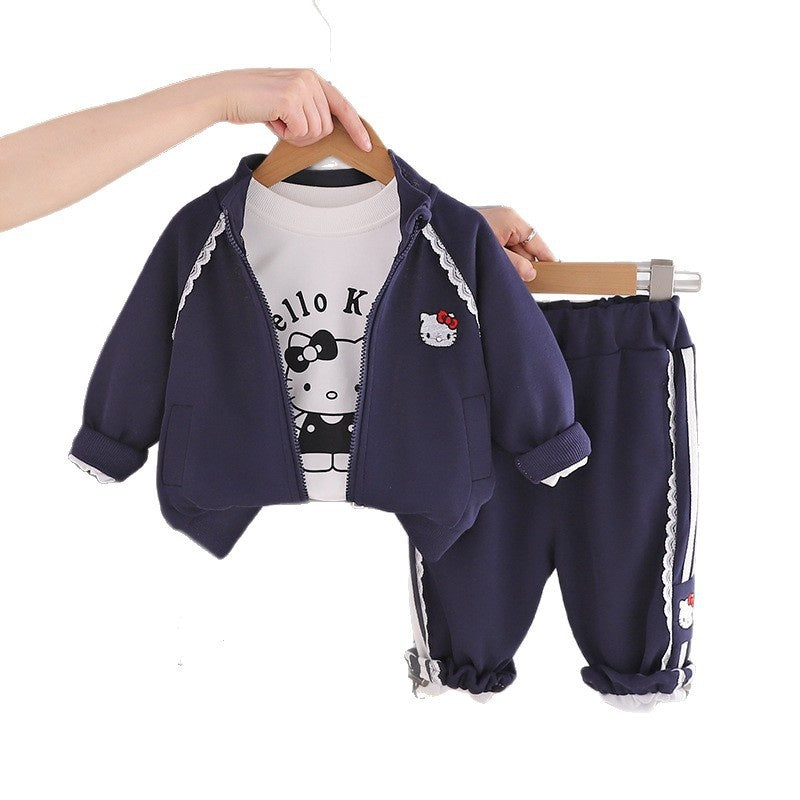 Girls' Outfit: Stylish and Fashionable Lace Embroidered Jacket Three-Piece Set, Baby Spring Cartoon Clothes, Trendy Infant Clothing