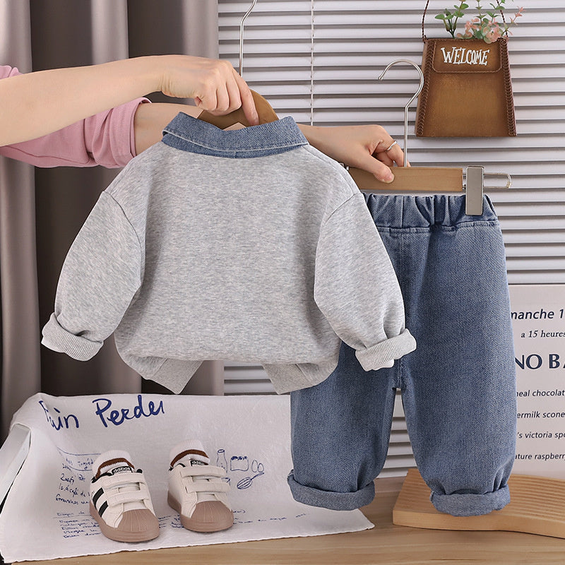 Boys' Suit 2026 New Spring and Style Children's Fashionable Baby Autumn Letter Denim Tie Two-Piece Set Trendy