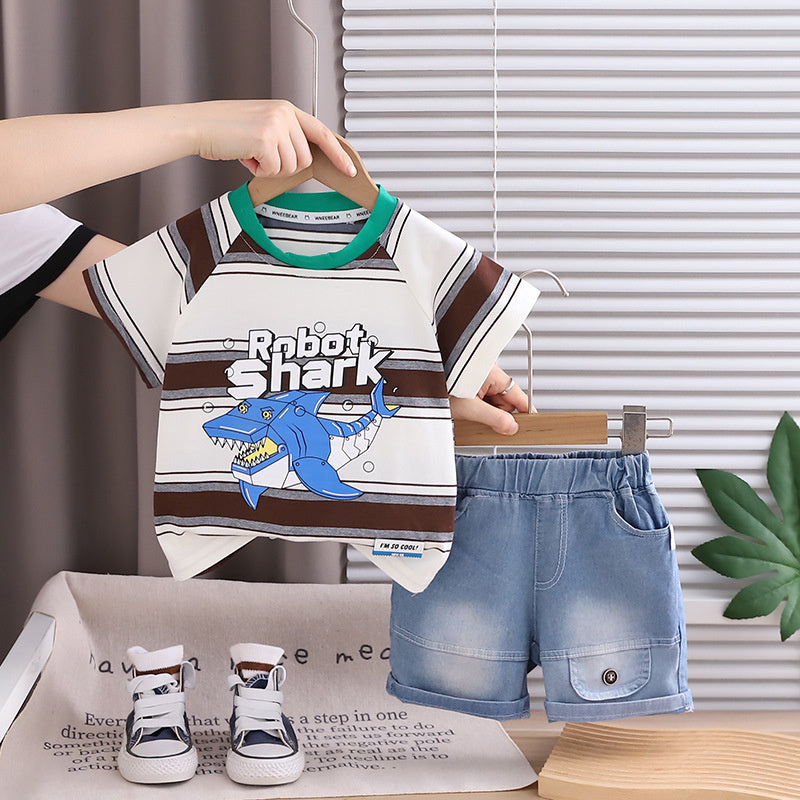 Boys' Summer Short-Sleeve Outfit 2026 New Fashionable Striped Shark Two-Piece Set for Children Trendy Baby Clothes