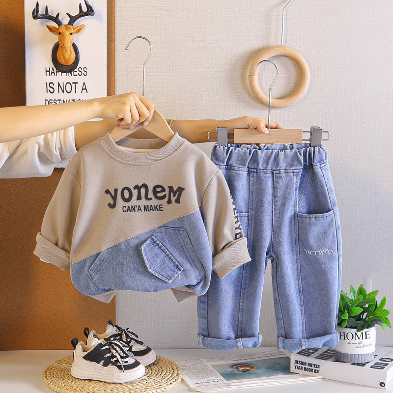 Boys' Spring Autumn Outfit 2026 New Children's Fall Clothing Letter Patchwork Denim Sports Two-Piece Set Trendy and Stylish
