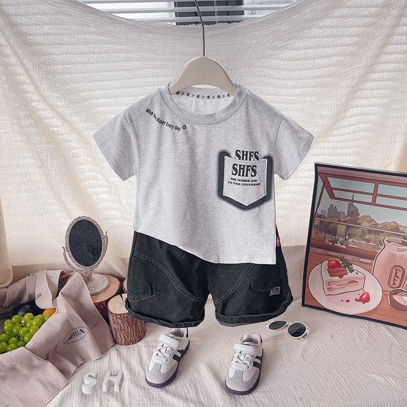 Children's clothing for boys, outfit, baby pocket letter print short-sleeve set, 2026 summer style, stylish boys' children's clothes