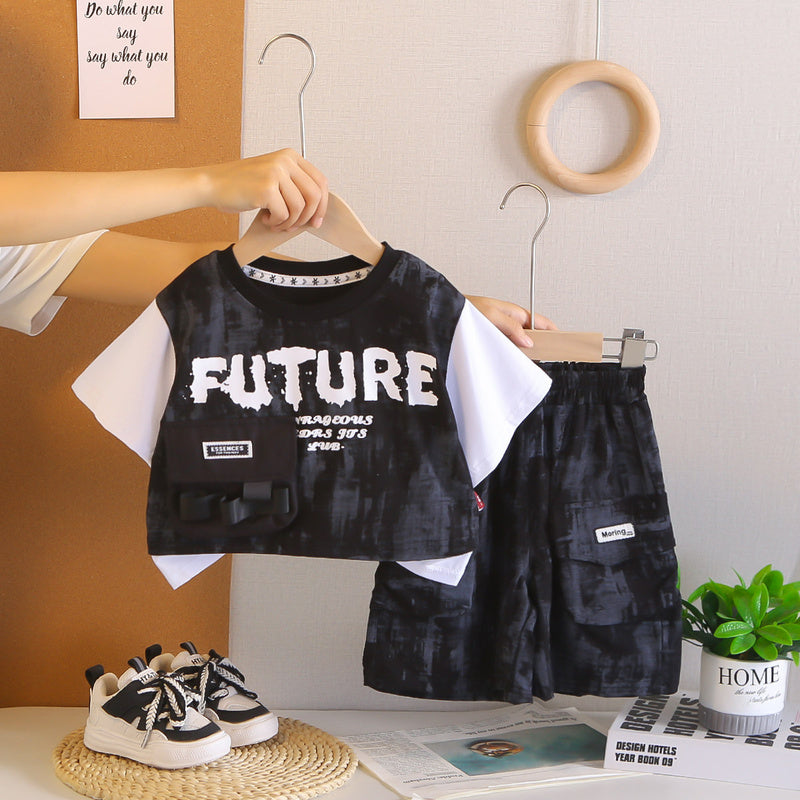 Baby clothes summer children's two-piece outfit stylish camouflage pocket cargo short-sleeve set for one-year-old boy