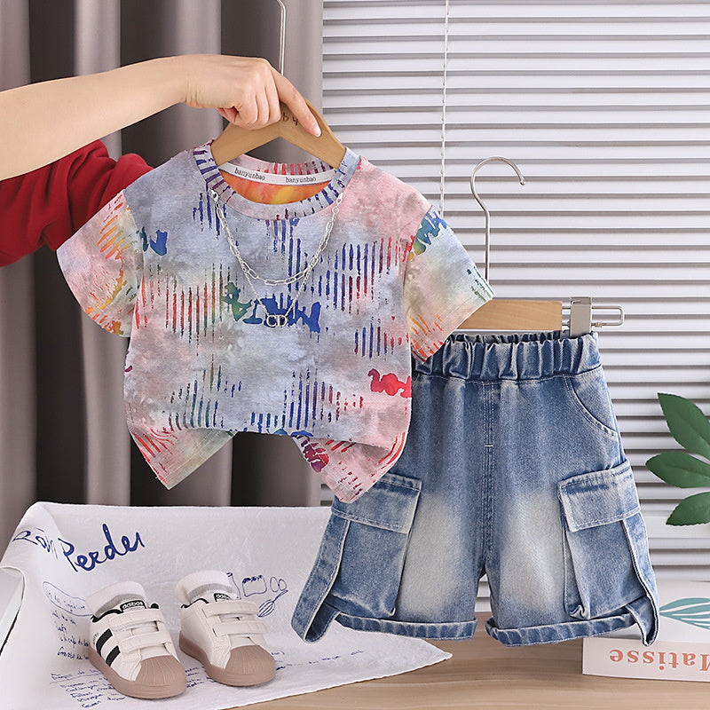 Boys' Summer Outfit Set 2026 New Fashionable Stylish Toddler Short Sleeve Shirt with Gradient Lines and Pants for Baby Boys