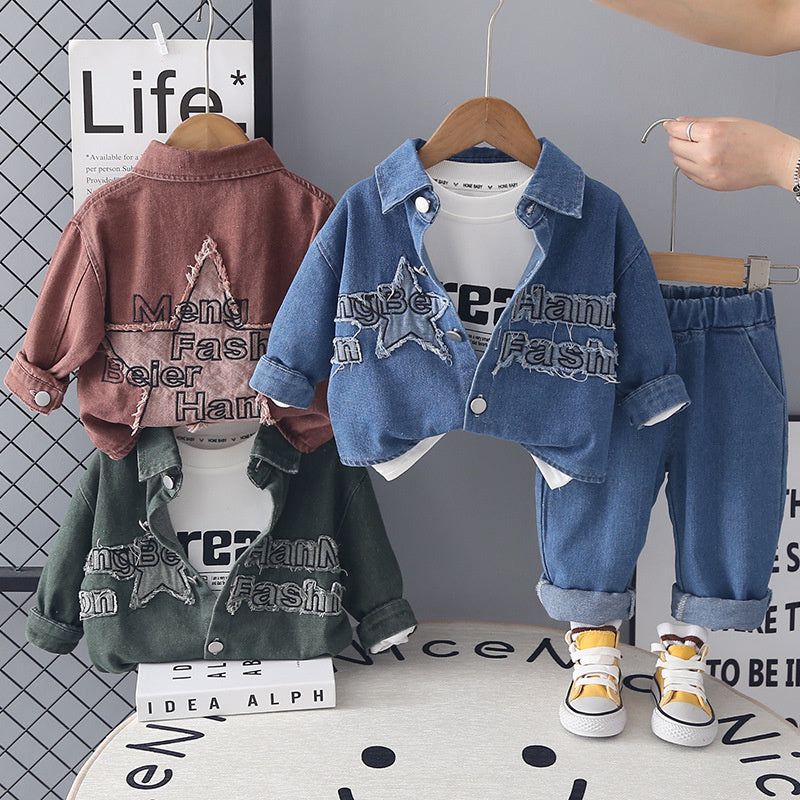 Boys' Autumn Outfit 2026 New Style Baby Boy Spring Fashion Long Sleeve Denim Patchwork Three-Piece Set for Infants and Children